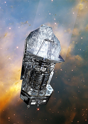 Vue d'artiste du satellite Herschel - Crédits ESA / AOES Medialab ;arrière plan : Hubble Space Telescope, NASA/ ESA/ STScI