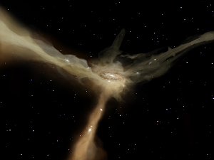 Vue d'artiste d'une galaxie alimentée par des filaments de gaz pouvant expliquer le mode 'normal' de formation d'étoiles. © ESA / AOES Medialab