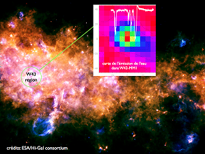 Observation de l'eau dans la proto-étoile massive W43-MM1 superposée à une image de la région. En blanc est montré le signal de l'eau en un point. Sur la carte, la concentration de l'eau augmente vers le centre de l'objet.