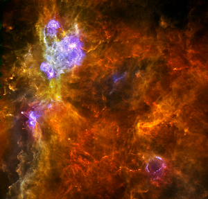 Dans cette image, les protoétoiles de faibles masses sont vues comme de petit points jaunes inclus dans des filaments rouges froids, alors que les étoiles les plus massives - de plus de huit fois la masse du Soleil - émettent d'intenses radiations, chauffant le gaz et la poussière autour d'elles et apparaissant ici en bleu.
