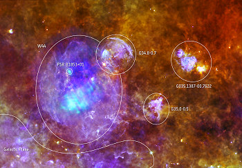 Supernova remnant W44 is the focus of this new image created by combining data from ESA's Herschel and XMM-Newton space observatories. © Quang Nguyen Luong & F. Motte, HOBYS Key Program Consortium, Herschel SPIRE/PACS/ESA consortia ; ESA/XMM-Newton